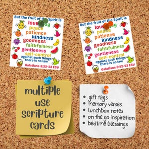 Cartões de Escrituras dos frutos do espírito para crianças Cartões de versículos bíblicos para a escola dominical para impressão Escola em casa ou igreja infantil artesanato de papel fácil