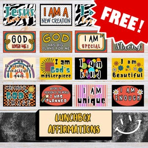 May include: A set of 10 colourful lunchbox affirmations with positive messages such as "I am God's masterpiece" and "I am unique". The affirmations are printed on white cardstock with a black border and are decorated with various patterns and colours. The set is free and includes the text "Lunchbox Affirmations".