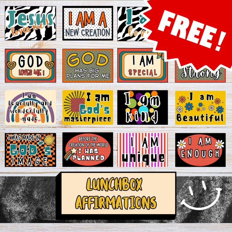 May include: A set of 10 colourful lunchbox affirmations with positive messages such as "I am God's masterpiece" and "I am unique". The affirmations are printed on white cardstock with a black border and are decorated with various patterns and colours. The set is free and includes the text "Lunchbox Affirmations".
