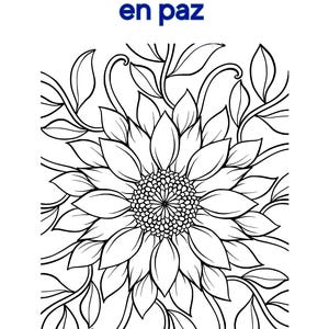 Puede incluir: Dibujo lineal en blanco y negro de un girasol con detalles de pétalos y hojas. La imagen incluye el texto "Colorea tu mente en paz" en azul, sugiriendo una página para colorear o un diseño para la relajación y la creatividad.