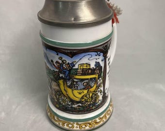 Vintage BMF Bierseidel Milk Glass Pewter Lid Beer Stein Stagecoach Germany