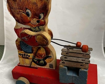 Vintage Fisher Price Teddy Zilo #777 Bear Pull Toy Xylophone Wood WORKS