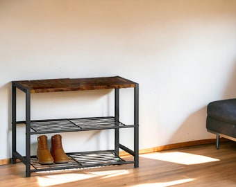 Stylish Black Metal Oak Effect Shoe Rack and Bench - Shoe Storage Hallway Living Space