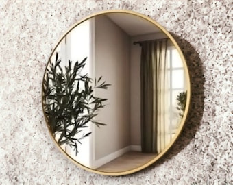 Miroir rond avec cadre en métal doré, argenté ou noir - pour une fixation murale dans une salle de bain, une chambre, un bureau, une décoration contemporaine 40/50/60/70/80 cm