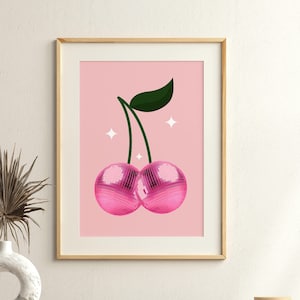 Disco Ball Print, Pink Aesthetic, Disco Cherries Ball Print, Girly Dorm Room Decor, Pink Poster, 70s Wall Art, Trendy Wall Art Retro