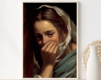 May include: A painting of a woman with a white headscarf covering her head and face. She is crying and holding a white cloth to her face. The painting is done in a realistic style and the woman's expression is very emotional.