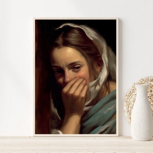 May include: A painting of a woman with a white headscarf covering her head and face. She is crying and holding a white cloth to her face. The painting is done in a realistic style and the woman's expression is very emotional.