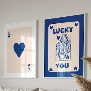 Trendy Retro Wall Art, Set Of 3 Retro Beige & Navy Blue Ace Card Wall art, Lucky You 2024 Poster, Trendy Wall Art