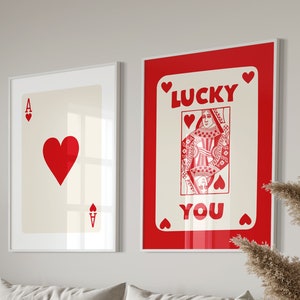 Trendy 2023 Retro Wall Art Set Of 3 , Red Lucky You Poster and Ace Card Poster, Retro Trendy Aesthetic Print