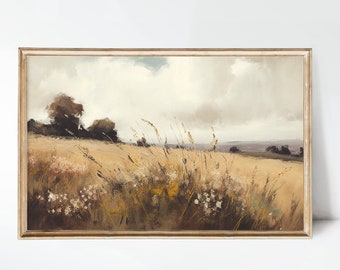 Peut inclure: Une peinture représentant un champ de hautes herbes avec un ciel nuageux en arrière-plan. L'herbe est de couleur brun clair et il y a quelques fleurs blanches éparpillées dans le champ. On aperçoit quelques arbres au loin.
