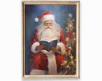 Vintage Santa Claus Reading Book, Printable Christmas Oil Painting Cottagecore Decor Academia , Christmas Decor Winter