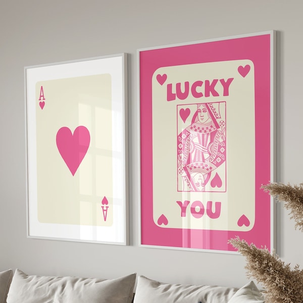 Set Of 3 Trendy Retro Wall Art, Retro Trendy Aesthetic Print, Pink Ace Card Poster, Lucky You Poster, Trendy Wall Art 2023