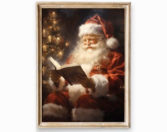Vintage Santa Reading Book Christmas Art: Cottagecore Winter Decor (Printable)