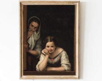 May include: A framed vintage painting featuring two women. One woman is leaning out of a window, resting her chin on her hand, while the other is partially visible, holding a cloth to her face. The artwork has a dark, moody aesthetic.