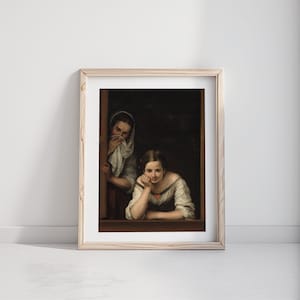 Puede incluir: Impresi&oacute;n art&iacute;stica enmarcada que presenta una pintura cl&aacute;sica de dos mujeres. Una mujer se asoma por una ventana, apoyando la barbilla en la mano, mientras otra mira desde atr&aacute;s, sosteniendo un pa&ntilde;o en la cara. La obra est&aacute; en un marco de madera.