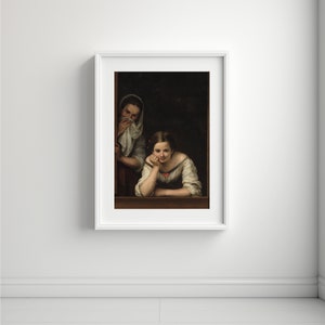 Puede incluir: Una impresi&oacute;n enmarcada de una pintura cl&aacute;sica que presenta a dos mujeres. Una mujer est&aacute; apoyada en un alf&eacute;izar, sonriendo, mientras que otra es parcialmente visible, sosteniendo una tela en su rostro. La obra de arte est&aacute; ambientada en un interior oscuro.