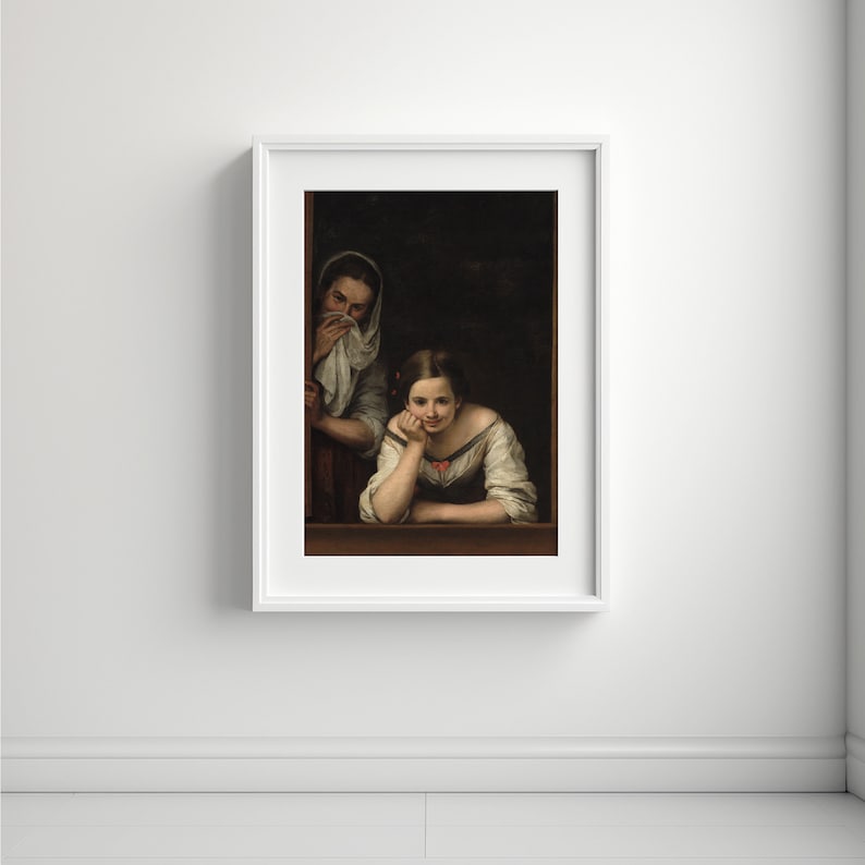 Puede incluir: Una impresi&oacute;n enmarcada de una pintura cl&aacute;sica que presenta a dos mujeres. Una mujer est&aacute; apoyada en un alf&eacute;izar, sonriendo, mientras que otra es parcialmente visible, sosteniendo una tela en su rostro. La obra de arte est&aacute; ambientada en un interior oscuro.
