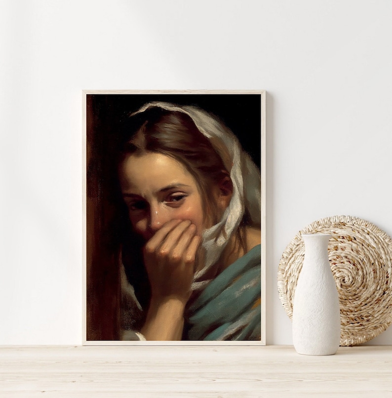 May include: A painting of a woman with a white headscarf covering her head and face. She is crying and holding a white cloth to her face. The painting is done in a realistic style and the woman's expression is very emotional.