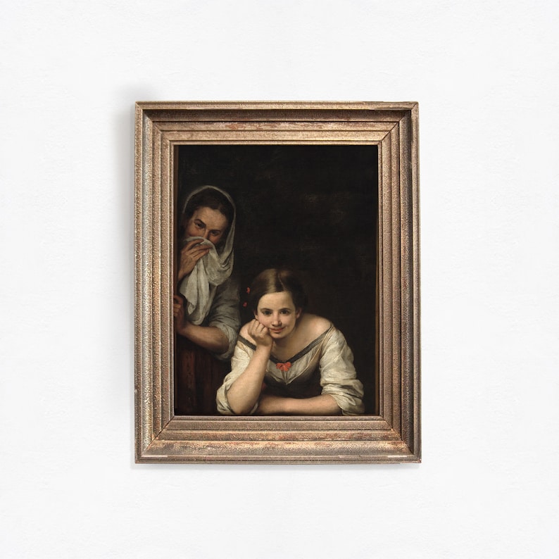 Puede incluir: Pintura al &oacute;leo enmarcada que representa a dos mujeres. Una se limpia la cara con un pa&ntilde;o, la otra apoya la barbilla en la mano, mirando hacia delante. El marco es de color oro envejecido y c&aacute;lido.
