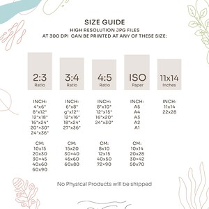 May include: A size guide for high-resolution JPG files, showing different aspect ratios and paper sizes. The guide includes inch and centimeter measurements for each size.