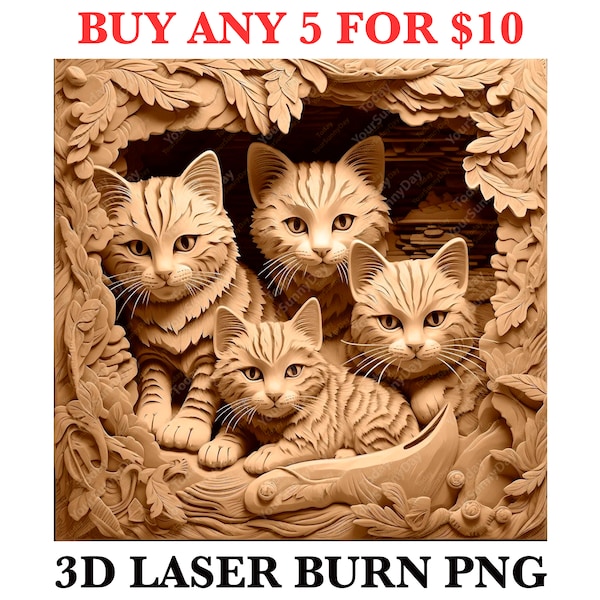 File PNG con incisione laser, foto immagine illusione 3D, taglio scolpito digitale, Lightburn, Xtool, Glowforge, Co2, CNC, animale domestico, gattino, gattino, gatti png