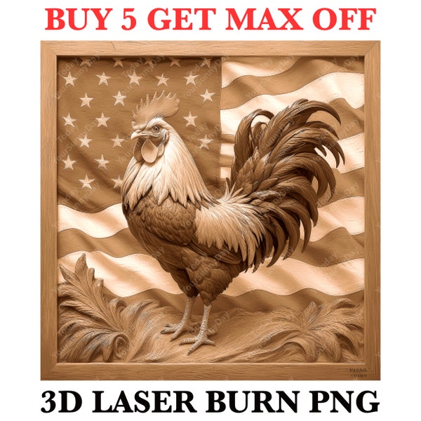 Laser Burn Engrave PNG File, 3D Illusion Image Photo, Cut Carve, Lightburn, Xtool, Glowforge, Co2, CNC, american flag, chicken, rooster png