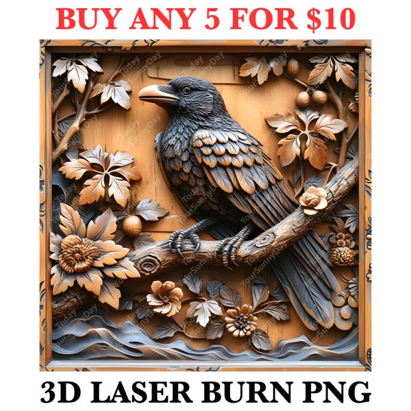 Laser Burn Engrave, PNG Digital File, 3D Illusion Image Photo Picture, Wood Cut Carve, Lightburn, Xtool, Glowforge, Co2, CNC, bird crow