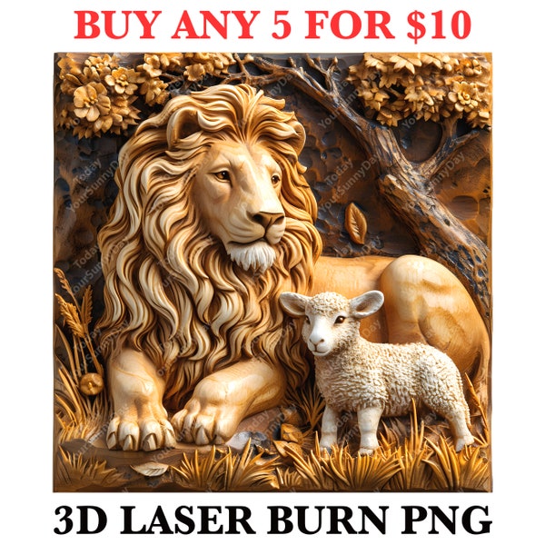 Laser Burn Engrave, PNG Digital File, 3D Illusion Image Photo Picture, Wood Cut Carve, Lightburn, Xtool, Glowforge, Co2, CNC, lion and lamb