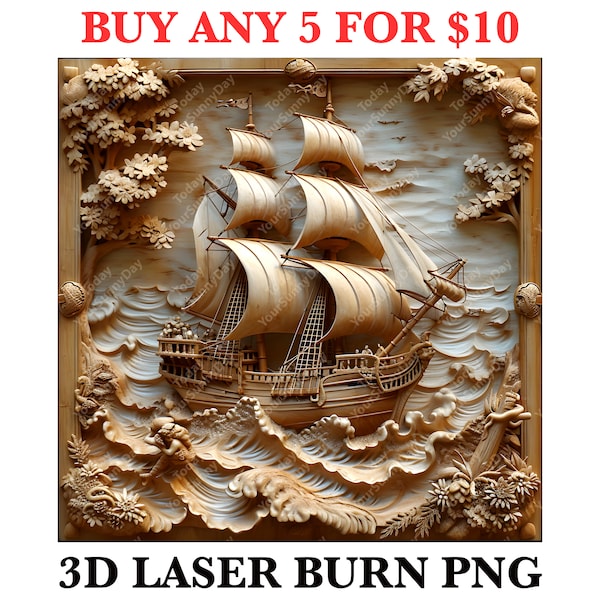Laser Burn Engrave, PNG Digital File, 3D Illusion Image Photo Picture, Wood Cut Carve, Lightburn, Xtool, Glowforge, Co2, CNC, pirate ship