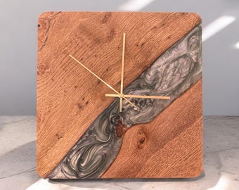 Handmade Oak & Sage Green Epoxy Resin River Wall Clock