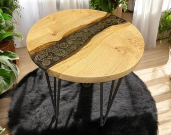 Oak & Epoxy Resin End Table | Steampunk Table | Handmade Décor | Cogs and Clocks.