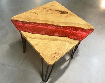 Oak & Epoxy Resin Square End Table - Lava Red