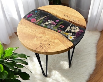 Oak & Epoxy Resin Floral End Table | River Table | Small Round Coffee Table | Handmade Decor | Black Floral | Made To Order.