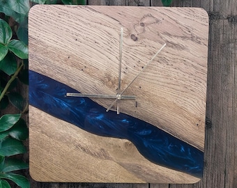 Handmade Oak & Astral Blue Epoxy Resin River Wall Clock