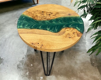 Forest Green Resin River Table | Handmade Oak End Table | Small Round Side Table | Hairpin Legs | Modern Rustic Table | Made to Order