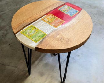 Made To Order | Live Edge Oak & Epoxy Resin End Table | Pokemon Table | Handmade Anime Décor | Squirtle | Bulbasaur | Charmander.