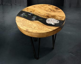Made To Order| Live Edge Oak & Epoxy Resin End Table | Star Wars Table | Handmade Décor | Millennium Falcon | Tie Fighters .