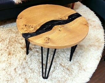 Oak & Epoxy Resin Round Coffee Table - Abyss Black | End Table | Side Table | Live Edge Oak | Handmade Table Top.