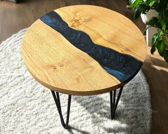 Oak & Epoxy Resin River Table | End Table | Side Table | Small Coffee Table | Round Table | Epoxy Resin Wall Clock | Astral Blue.