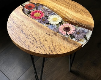 Oak & Epoxy Resin Gerbera End Table | River Table | Small Round Coffee Table | Handmade Decor | White Floral.