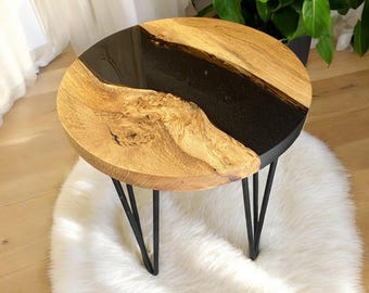 Oak & Holographic Glitter Epoxy Resin End Table: Handmade River Table