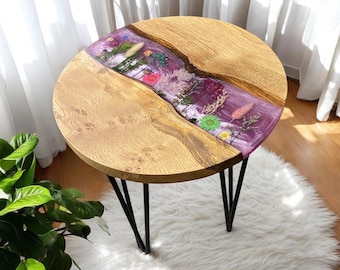 Oak & Epoxy Resin Floral End Table | River Table | Small Round Coffee Table | Handmade Decor | Pink Floral.