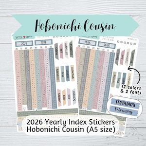 Hobonichi Cousin Yearly Index Stickers 2026 - Script or Cursive Font - 12 color options - Colorful Hobonichi A5 Yearly Page Stickers