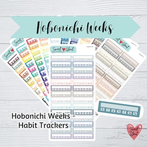 May include: A set of colorful habit tracker stickers for a Hobonichi Weeks planner. The stickers feature a variety of colors and designs, including a rainbow, a blue and white stripe, and a pink and white stripe. The stickers are labeled with the days of the week, and there is a space for writing in a habit or goal. The stickers are perfect for tracking your progress towards your goals.