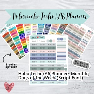 Stickers Hobonichi Techo (A6) jour de la semaine - police d'écriture - Stickers colorés jour de la semaine - agenda fonctionnel ou stickers de journal