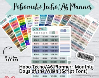 Hobonichi Techo (A6) Day of the Week Stickers - Script Font - Colorful Day of the Week Stickers - Functional Planner or Journal Stickers