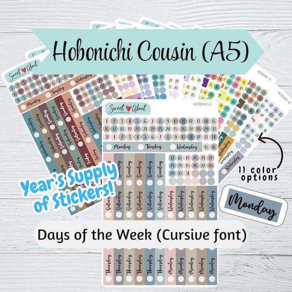 Year's Supply of Hobonichi Cousin Day of the Week Stickers for Weekly Pages - Cursive Font - 9 Sheets of Day of the Week Stickers