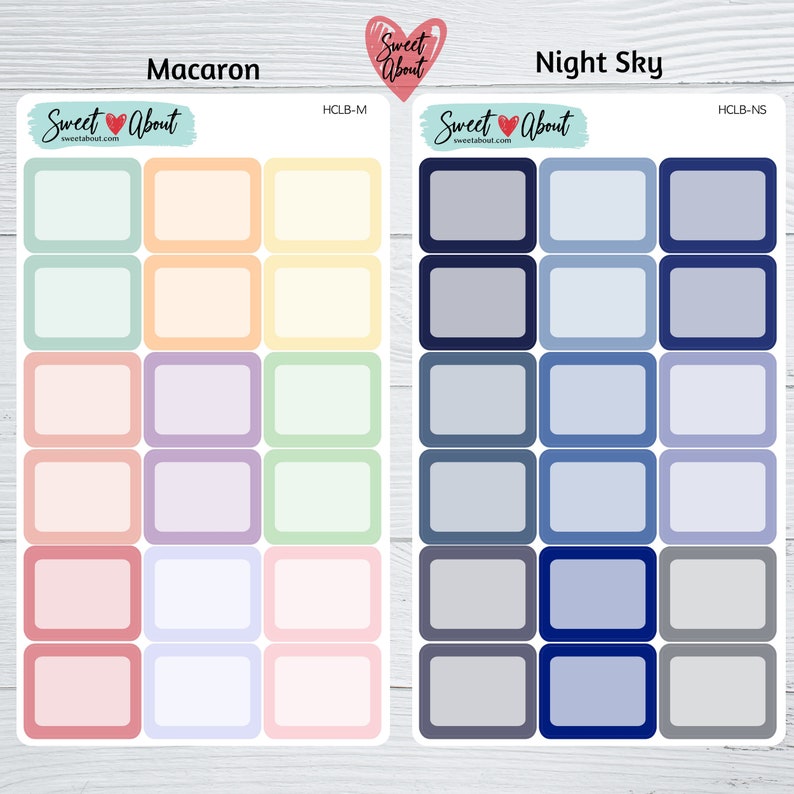 Puede incluir: Un conjunto de pegatinas de planificador imprimibles con 12 casillas en blanco en dos esquemas de color: "Macaron" con colores pastel y "Night Sky" con tonos azules. Las pegatinas est&aacute;n etiquetadas con el nombre de la marca "Sweet About" y los nombres de los esquemas de color.