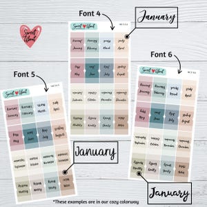 May include: A set of printable planner stickers with different fonts and colors. The stickers feature the months of the year, days of the week, and words like "monthly", "weekly", and "yearly".
