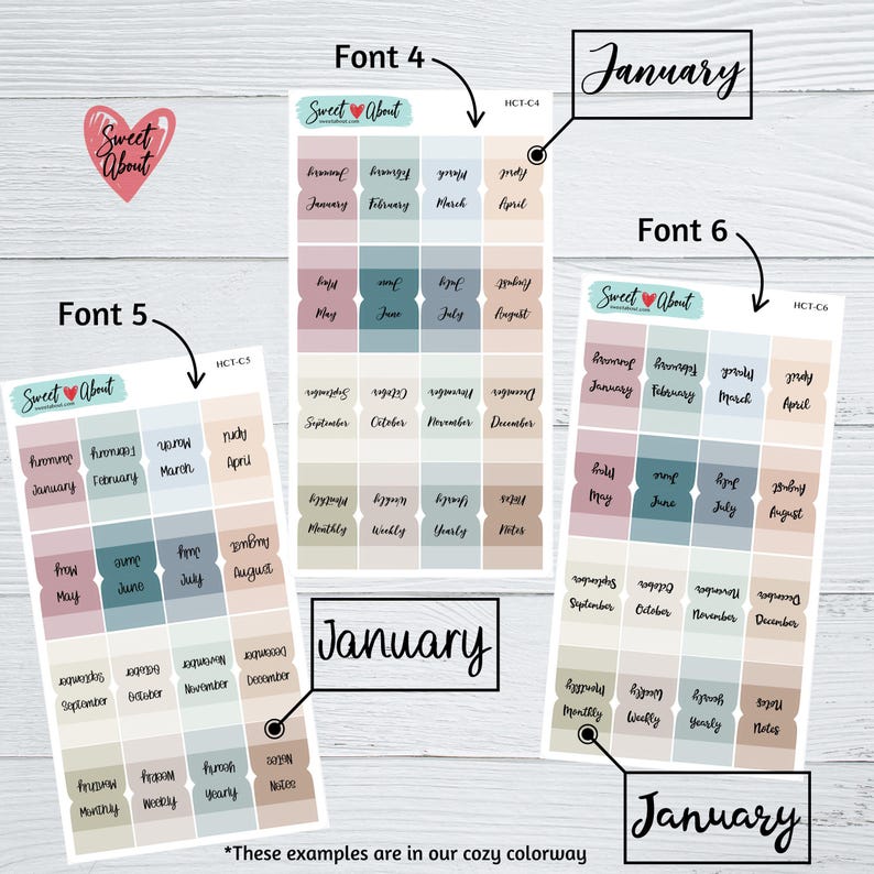 May include: A set of printable planner stickers with different fonts and colors. The stickers feature the months of the year, days of the week, and words like "monthly", "weekly", and "yearly".